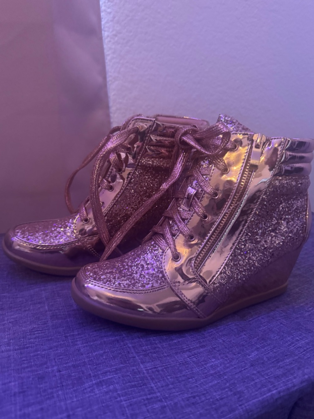 Forever 21 Rose Gold Glitter Wedge Sneakers
